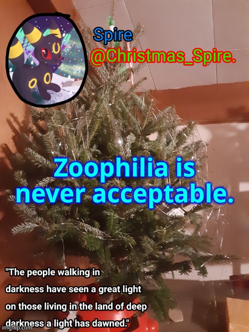 Spire Christmas announcement template | Zoophilia is never acceptable. | image tagged in spire christmas announcement template | made w/ Imgflip meme maker