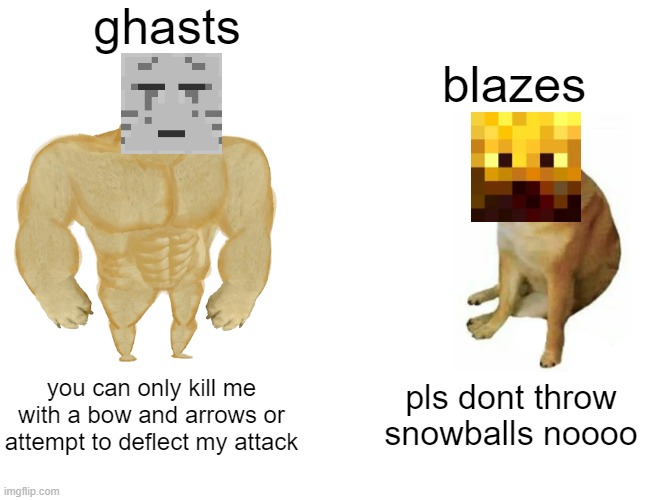 i like both though | ghasts; blazes; you can only kill me with a bow and arrows or attempt to deflect my attack; pls dont throw snowballs noooo | image tagged in memes,buff doge vs cheems | made w/ Imgflip meme maker