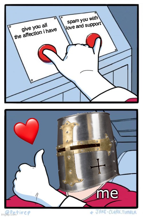 both...both is good | spam you with love and support; give you all the affection i have; me | image tagged in both buttons pressed,crusader,wholesome | made w/ Imgflip meme maker
