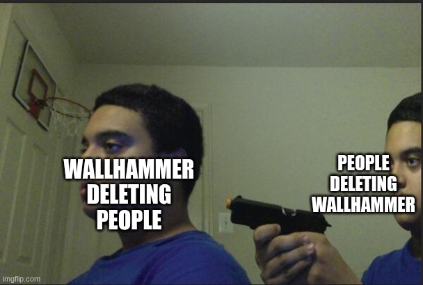 Trust Nobody, Not Even Yourself | PEOPLE DELETING WALLHAMMER; WALLHAMMER DELETING PEOPLE | image tagged in trust nobody not even yourself | made w/ Imgflip meme maker