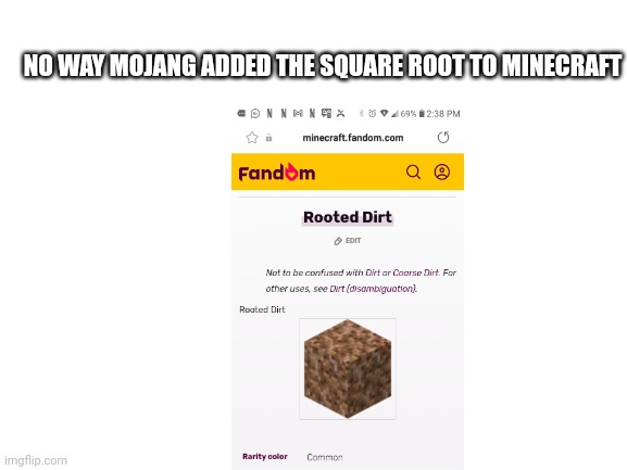 Square root | NO WAY MOJANG ADDED THE SQUARE ROOT TO MINECRAFT | image tagged in blank white template | made w/ Imgflip meme maker