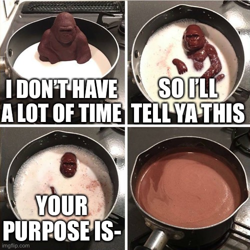 Your purpose is | I DON’T HAVE A LOT OF TIME; SO I’LL TELL YA THIS; YOUR PURPOSE IS- | image tagged in chocolate gorilla | made w/ Imgflip meme maker