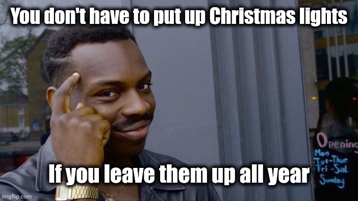 Roll Safe Think About It Meme | You don't have to put up Christmas lights If you leave them up all year | image tagged in memes,roll safe think about it | made w/ Imgflip meme maker