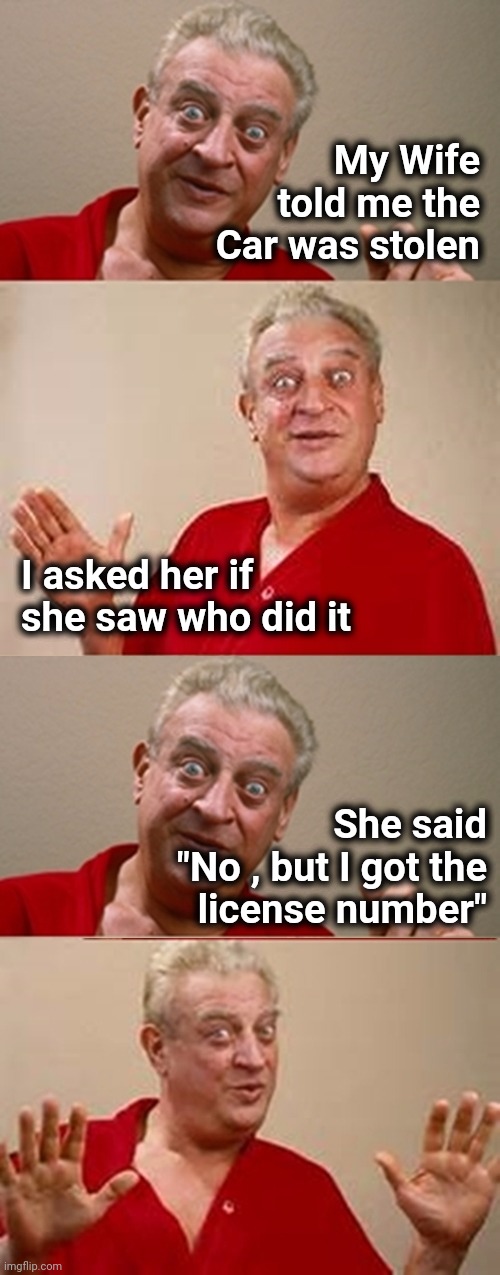 Mrs. Helpful | My Wife told me the Car was stolen; I asked her if she saw who did it; She said
"No , but I got the
license number" | image tagged in bad pun rodney dangerfield,car insurance,well yes but actually no,thieves,seriously | made w/ Imgflip meme maker