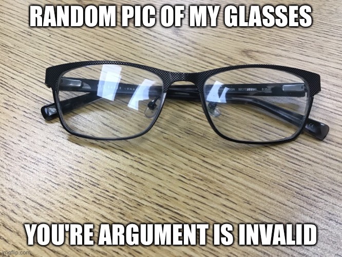 RANDOM PIC OF MY GLASSES; YOU'RE ARGUMENT IS INVALID | image tagged in excuse me what the frick | made w/ Imgflip meme maker