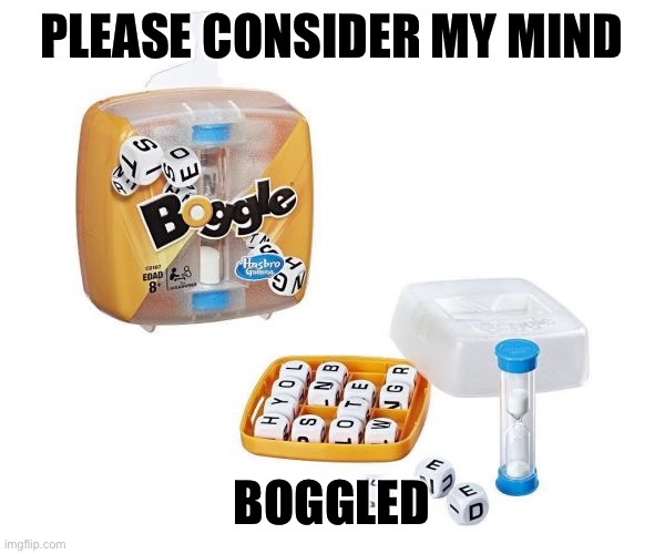 Mind Boggling | PLEASE CONSIDER MY MIND; BOGGLED | image tagged in boggle | made w/ Imgflip meme maker