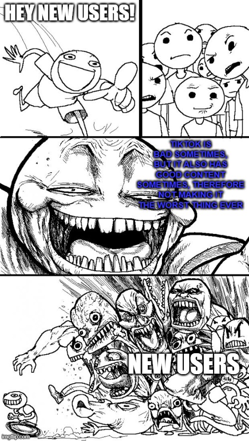 They never understand | HEY NEW USERS! TIKTOK IS BAD SOMETIMES, BUT IT ALSO HAS GOOD CONTENT SOMETIMES, THEREFORE NOT MAKING IT THE WORST THING EVER; NEW USERS | image tagged in memes,hey internet | made w/ Imgflip meme maker