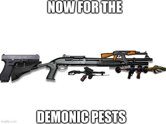 shotgun with flamethrower and glock and ak48-1 and a rocket launcer on it!!!!11!!!1!!!!!!!1!1111!1! | NOW FOR THE; DEMONIC PESTS | image tagged in blank white template,guns | made w/ Imgflip meme maker