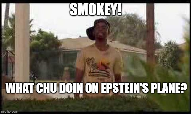 Smokey! | SMOKEY! WHAT CHU DOIN ON EPSTEIN'S PLANE? | image tagged in funny,jeffrey epstein,epstein,celebrity | made w/ Imgflip meme maker