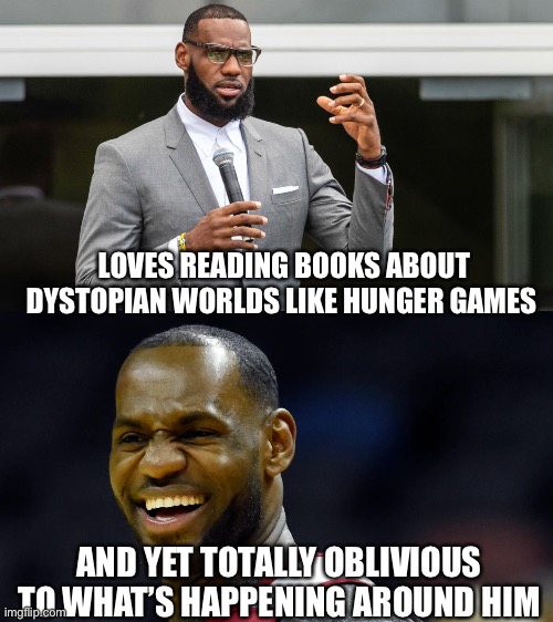 The Mindless Wonder | LOVES READING BOOKS ABOUT DYSTOPIAN WORLDS LIKE HUNGER GAMES; AND YET TOTALLY OBLIVIOUS TO WHAT’S HAPPENING AROUND HIM | image tagged in lebron james,sports,nba | made w/ Imgflip meme maker