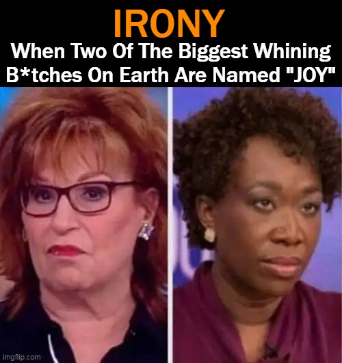 Joyless Behar & Joyless Reid | IRONY; When Two Of The Biggest Whining
B*tches On Earth Are Named "JOY" | image tagged in politics,toxic femininity,whine complain repeat,leftists,liberalism is a mental disorder,irony | made w/ Imgflip meme maker
