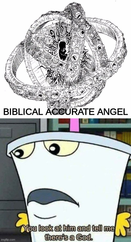 Tell me! | BIBLICAL ACCURATE ANGEL | image tagged in you look at him and tell me there's a god | made w/ Imgflip meme maker