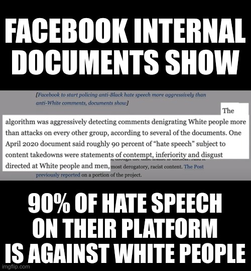 Racism is OK when it's against white people | FACEBOOK INTERNAL DOCUMENTS SHOW; 90% OF HATE SPEECH ON THEIR PLATFORM IS AGAINST WHITE PEOPLE | image tagged in facebook | made w/ Imgflip meme maker