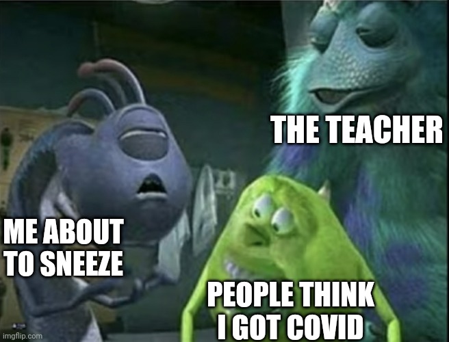 Mike sully and Randall face swap | THE TEACHER; ME ABOUT TO SNEEZE; PEOPLE THINK I GOT COVID | image tagged in mike sully and randall face swap | made w/ Imgflip meme maker