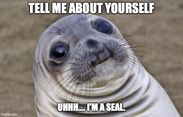 Awkward Job Interview question |  TELL ME ABOUT YOURSELF; UHHH.... I'M A SEAL. | image tagged in memes,awkward moment sealion,awkward seal,job interview,tell me about your self,awkward | made w/ Imgflip meme maker