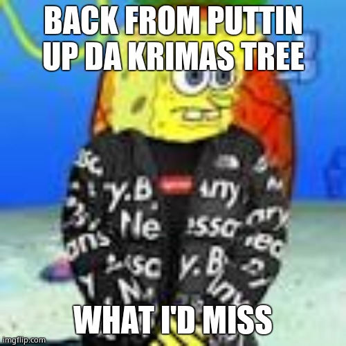 Spongebob Drip | BACK FROM PUTTIN UP DA KRIMAS TREE; WHAT I'D MISS | image tagged in spongebob drip | made w/ Imgflip meme maker