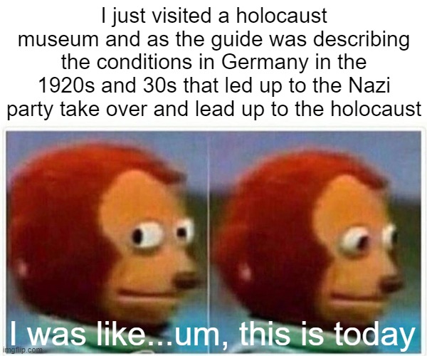 Monkey Puppet | I just visited a holocaust museum and as the guide was describing the conditions in Germany in the 1920s and 30s that led up to the Nazi party take over and lead up to the holocaust; I was like...um, this is today | image tagged in memes,monkey puppet | made w/ Imgflip meme maker