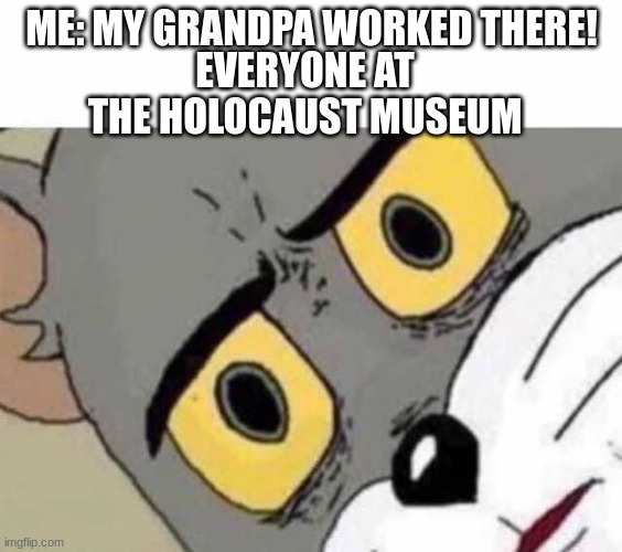 Hol up, wait a minute | EVERYONE AT THE HOLOCAUST MUSEUM; ME: MY GRANDPA WORKED THERE! | image tagged in tom cat unsettled close up,why are you reading this,barney will eat all of your delectable biscuits | made w/ Imgflip meme maker