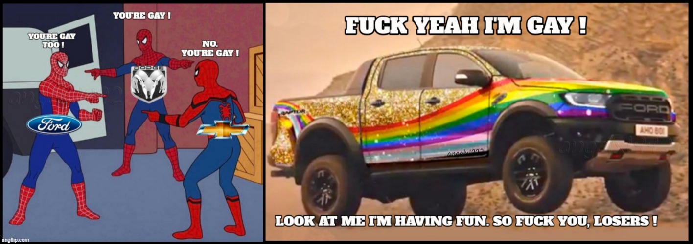 image tagged in spiderman,ford,dodge,lgbtq,chevrolet,spiderman pointing at spiderman | made w/ Imgflip meme maker
