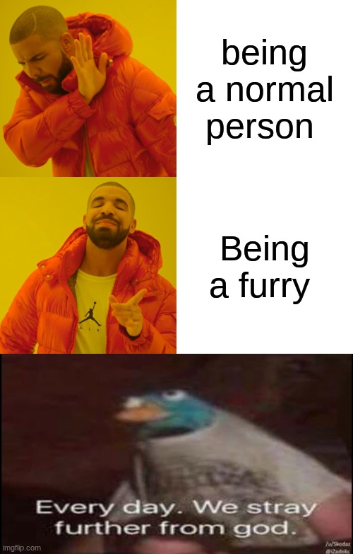 Being a furry be like (I'm not a furry btw :( Please don't cancel me) | being a normal person; Being a furry | image tagged in memes,drake hotline bling,the furry fandom,oh wow are you actually reading these tags | made w/ Imgflip meme maker