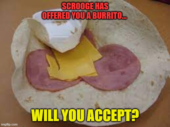 burrito supreme from scrooges shop... | SCROOGE HAS OFFERED YOU A BURRITO... WILL YOU ACCEPT? | image tagged in burrito | made w/ Imgflip meme maker