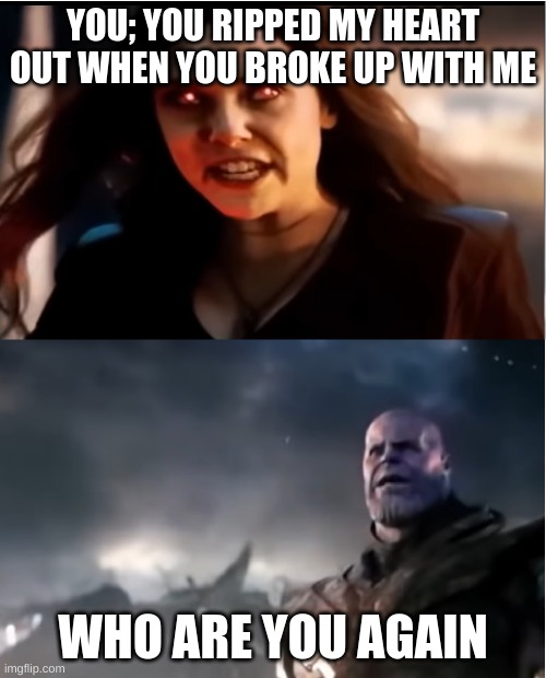 Thanos I don't even know who you are | YOU; YOU RIPPED MY HEART OUT WHEN YOU BROKE UP WITH ME; WHO ARE YOU AGAIN | image tagged in thanos i don't even know who you are | made w/ Imgflip meme maker