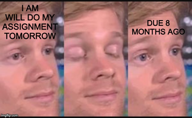 relatable huh | I AM WILL DO MY ASSIGNMENT TOMORROW; DUE 8 MONTHS AGO | image tagged in blinking guy | made w/ Imgflip meme maker