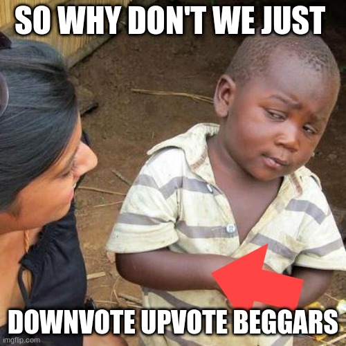 Third World Skeptical Kid Meme | SO WHY DON'T WE JUST; DOWNVOTE UPVOTE BEGGARS | image tagged in memes,third world skeptical kid | made w/ Imgflip meme maker