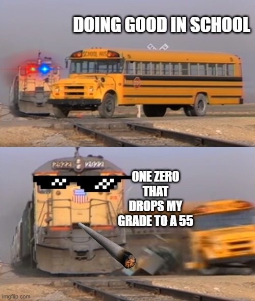 A train hitting a school bus | DOING GOOD IN SCHOOL; ONE ZERO THAT DROPS MY GRADE TO A 55 | image tagged in a train hitting a school bus,school,schoolbelike,memes,funny | made w/ Imgflip meme maker