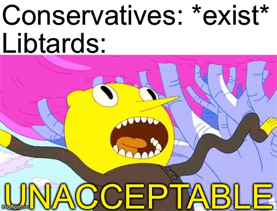 UNACCEPTABLE | Conservatives: *exist*
Libtards:; UNACCEPTABLE | image tagged in memes,unacceptable,funny,gifs,oh wow are you actually reading these tags,not really a gif | made w/ Imgflip meme maker
