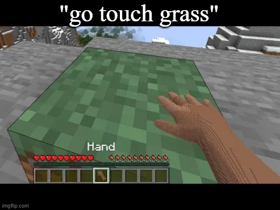 Hand touching Minecraft grass block | "go touch grass" | image tagged in hand touching minecraft grass block | made w/ Imgflip meme maker