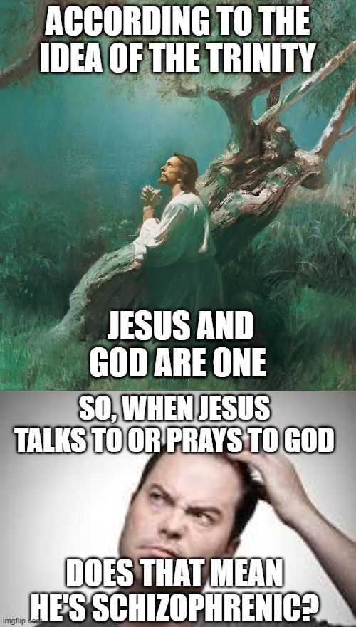 ACCORDING TO THE IDEA OF THE TRINITY; JESUS AND GOD ARE ONE; SO, WHEN JESUS TALKS TO OR PRAYS TO GOD; DOES THAT MEAN HE'S SCHIZOPHRENIC? | image tagged in man scratching head | made w/ Imgflip meme maker