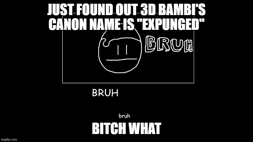 bruh | JUST FOUND OUT 3D BAMBI'S CANON NAME IS "EXPUNGED"; BITCH WHAT | image tagged in bruh | made w/ Imgflip meme maker