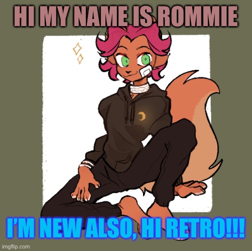 Hi I’m new! | HI MY NAME IS ROMMIE; I’M NEW ALSO, HI RETRO!!! | image tagged in furry | made w/ Imgflip meme maker