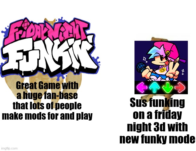 Mobile fnf games are crap | Great Game with a huge fan-base that lots of people make mods for and play; Sus funking on a friday night 3d with new funky mode | image tagged in memes,buff doge vs cheems | made w/ Imgflip meme maker