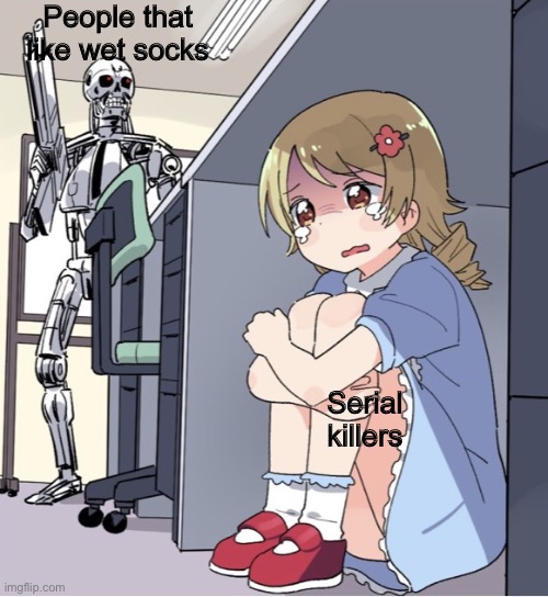 Such horror | People that like wet socks; Serial killers | image tagged in anime girl hiding from terminator | made w/ Imgflip meme maker