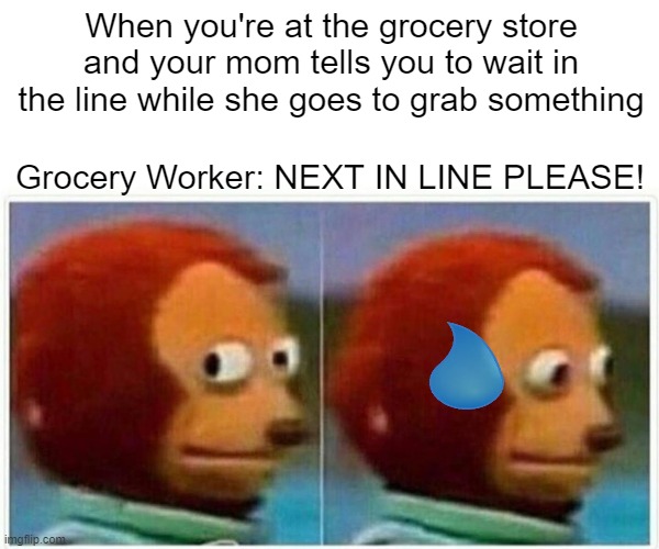 Grocery Store as 9 year old in a nutshell | When you're at the grocery store and your mom tells you to wait in the line while she goes to grab something; Grocery Worker: NEXT IN LINE PLEASE! | image tagged in memes,monkey puppet | made w/ Imgflip meme maker