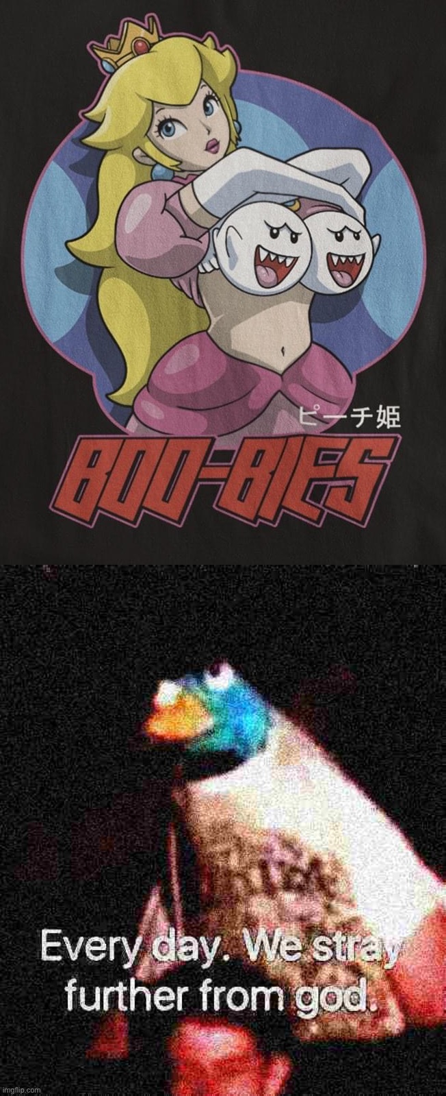 image tagged in princess peach boobies,every day we stray further from god deep-fried 1 | made w/ Imgflip meme maker