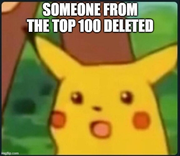 I know this because I moved up a spot and so did Beez and some others | SOMEONE FROM THE TOP 100 DELETED | image tagged in surprised pikachu | made w/ Imgflip meme maker