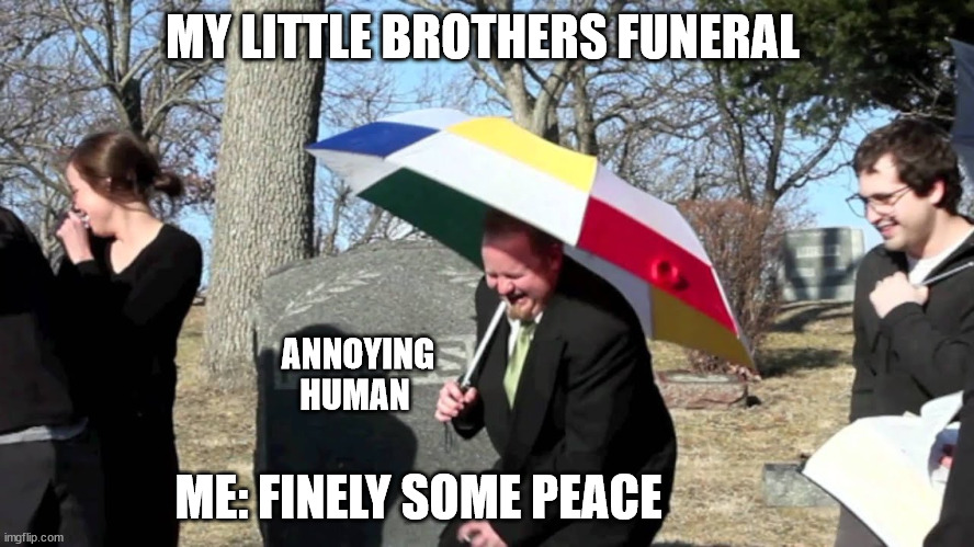 how my litle brothers funerl will go | MY LITTLE BROTHERS FUNERAL; ANNOYING HUMAN; ME: FINELY SOME PEACE | image tagged in funny | made w/ Imgflip meme maker