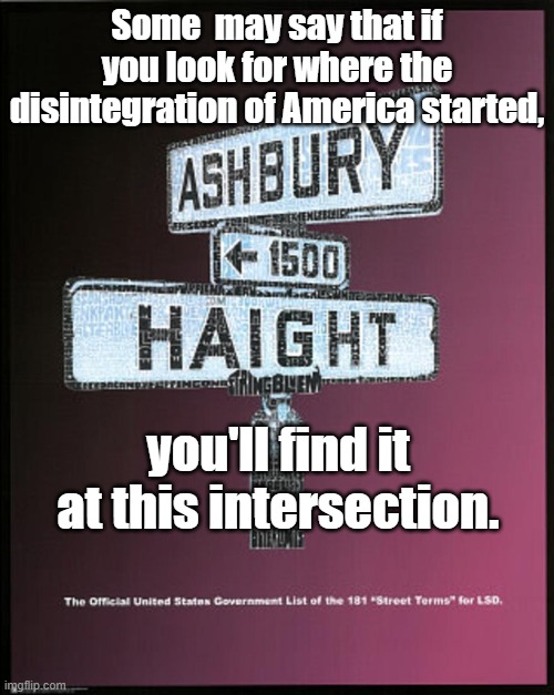 Agree/disagree | Some  may say that if you look for where the disintegration of America started, you'll find it at this intersection. | image tagged in hippies,political meme,politics | made w/ Imgflip meme maker