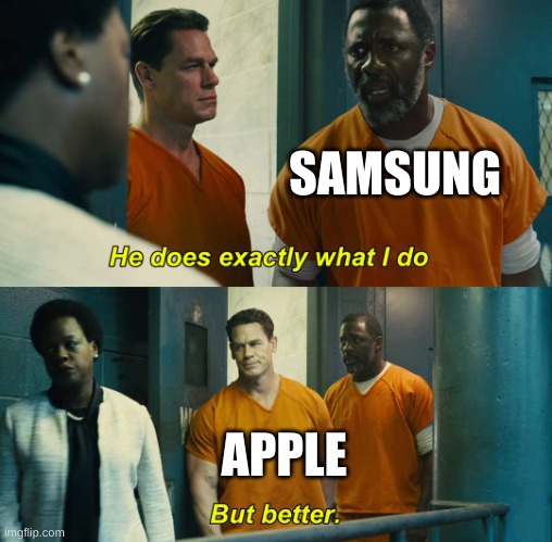does anyone actually read this | SAMSUNG; APPLE | image tagged in he does exactly what i do but better | made w/ Imgflip meme maker