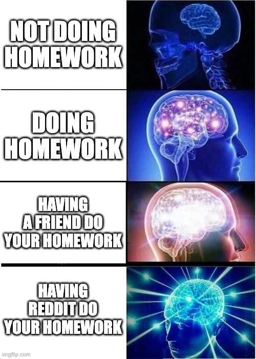 Homework | NOT DOING HOMEWORK; DOING HOMEWORK; HAVING A FRIEND DO YOUR HOMEWORK; HAVING REDDIT DO YOUR HOMEWORK | image tagged in memes,expanding brain | made w/ Imgflip meme maker