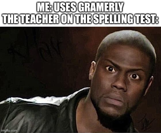 Hol up |  ME: USES GRAMERLY
THE TEACHER ON THE SPELLING TEST: | image tagged in memes,kevin hart | made w/ Imgflip meme maker