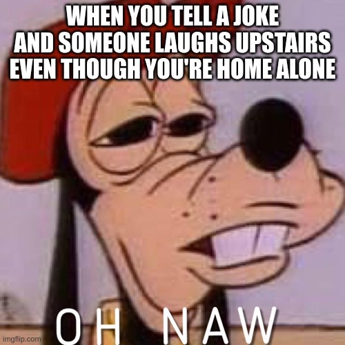 OH NAW | WHEN YOU TELL A JOKE AND SOMEONE LAUGHS UPSTAIRS EVEN THOUGH YOU'RE HOME ALONE | image tagged in oh naw | made w/ Imgflip meme maker