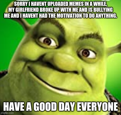 sorry | SORRY I HAVENT UPLOADED MEMES IN A WHILE, MY GIRLFRIEND BROKE UP WITH ME AND IS BULLYING ME AND I HAVENT HAD THE MOTIVATION TO DO ANYTHING. HAVE A GOOD DAY EVERYONE | image tagged in breakup | made w/ Imgflip meme maker