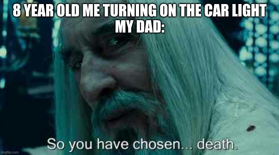 So you have chosen death | 8 YEAR OLD ME TURNING ON THE CAR LIGHT
MY DAD: | image tagged in so you have chosen death | made w/ Imgflip meme maker