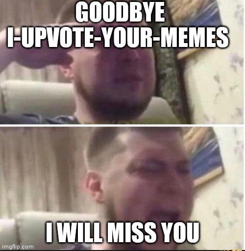 R.I.P | GOODBYE I-UPVOTE-YOUR-MEMES; I WILL MISS YOU | image tagged in crying salute | made w/ Imgflip meme maker