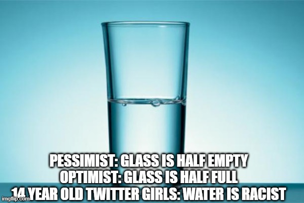 Glass Half Full | PESSIMIST: GLASS IS HALF EMPTY
OPTIMIST: GLASS IS HALF FULL
14 YEAR OLD TWITTER GIRLS: WATER IS RACIST | image tagged in glass half full | made w/ Imgflip meme maker