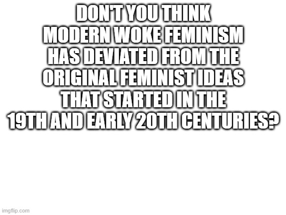 opinion | DON'T YOU THINK MODERN WOKE FEMINISM HAS DEVIATED FROM THE ORIGINAL FEMINIST IDEAS THAT STARTED IN THE 19TH AND EARLY 20TH CENTURIES? | image tagged in blank white template | made w/ Imgflip meme maker